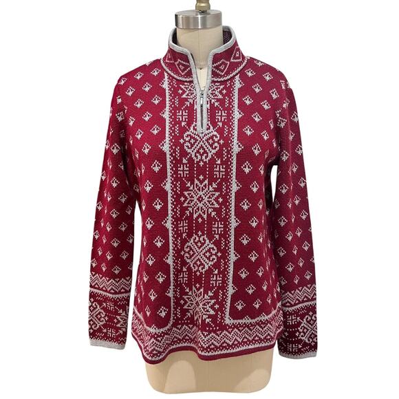 Orvis Sweater Womens Small Red White Wool Cotton Nordic Fair Isle Pullover Zip - Picture 1 of 9